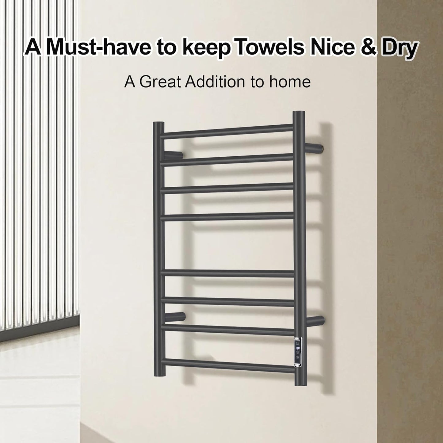Towel Warmer Bathroom Wall Mounted Drying Rack Plug-in Electric Heated Towel Rack Stainless Steel Black with Timer & Temperature Control 8 Bar 8 Bar Black With Timer 8 Bar Etw44-2