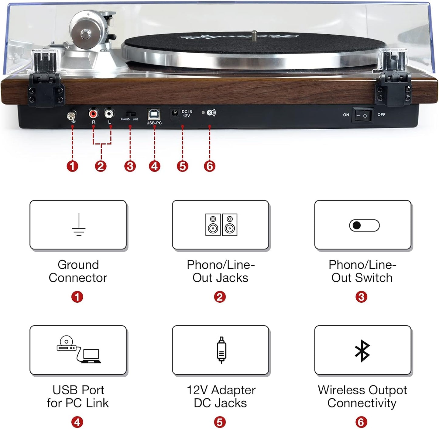 Turntables Belt-Drive Record Player with Wireless Output Connectivity, Vinyl Player Support 33&45 RPM Speed Phono Line Output USB Digital to PC