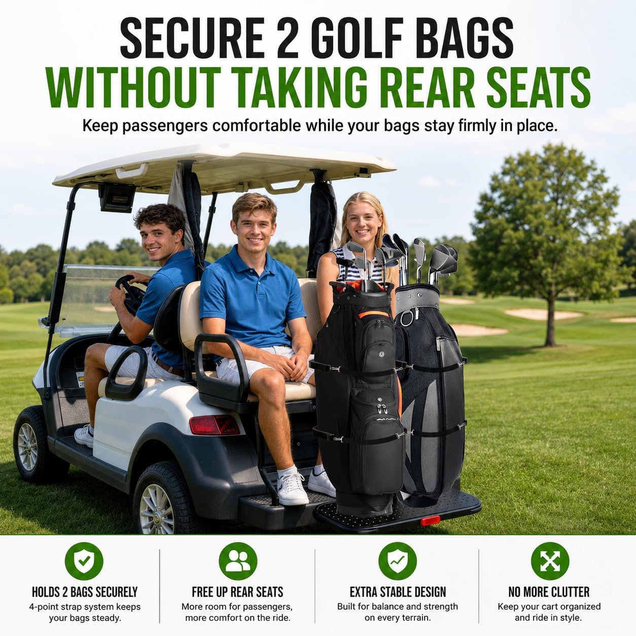 Golf Cart Bag Holder for 4 Seat Golf Cart, Fits for EZGO Club Car Yamaha, Holds 2 Golf Bags