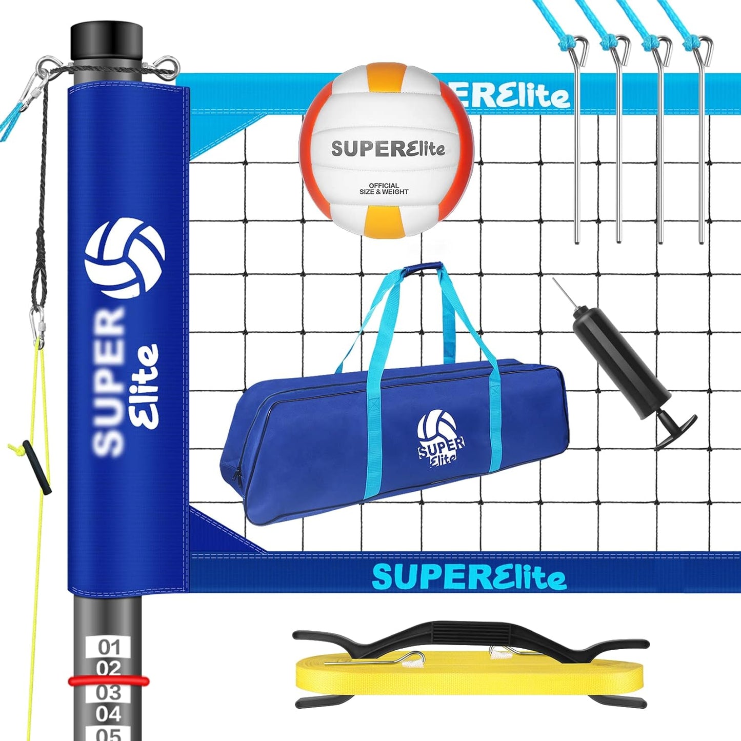 Portable Professional Volleyball Net Set with Aluminum Adjustable Height Poles, Heavy Duty Nets Sets System with Easy-Pulldown Tensioner, 2 Scoring