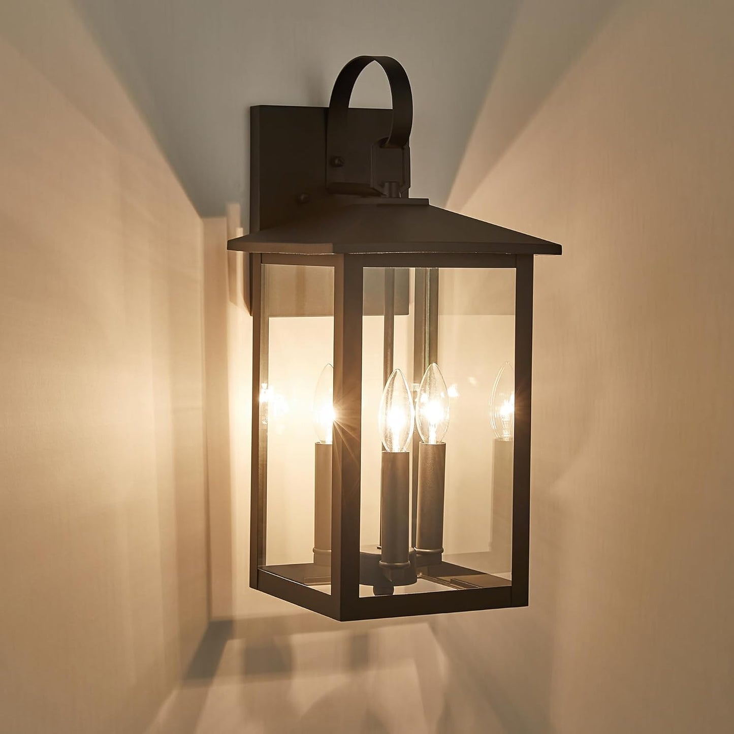 3-Light 9 inches Wide 20.5 inches High Large Wall Lantern Light with Black Finish and Clear Glass (slight ding to left back top of frame, barely