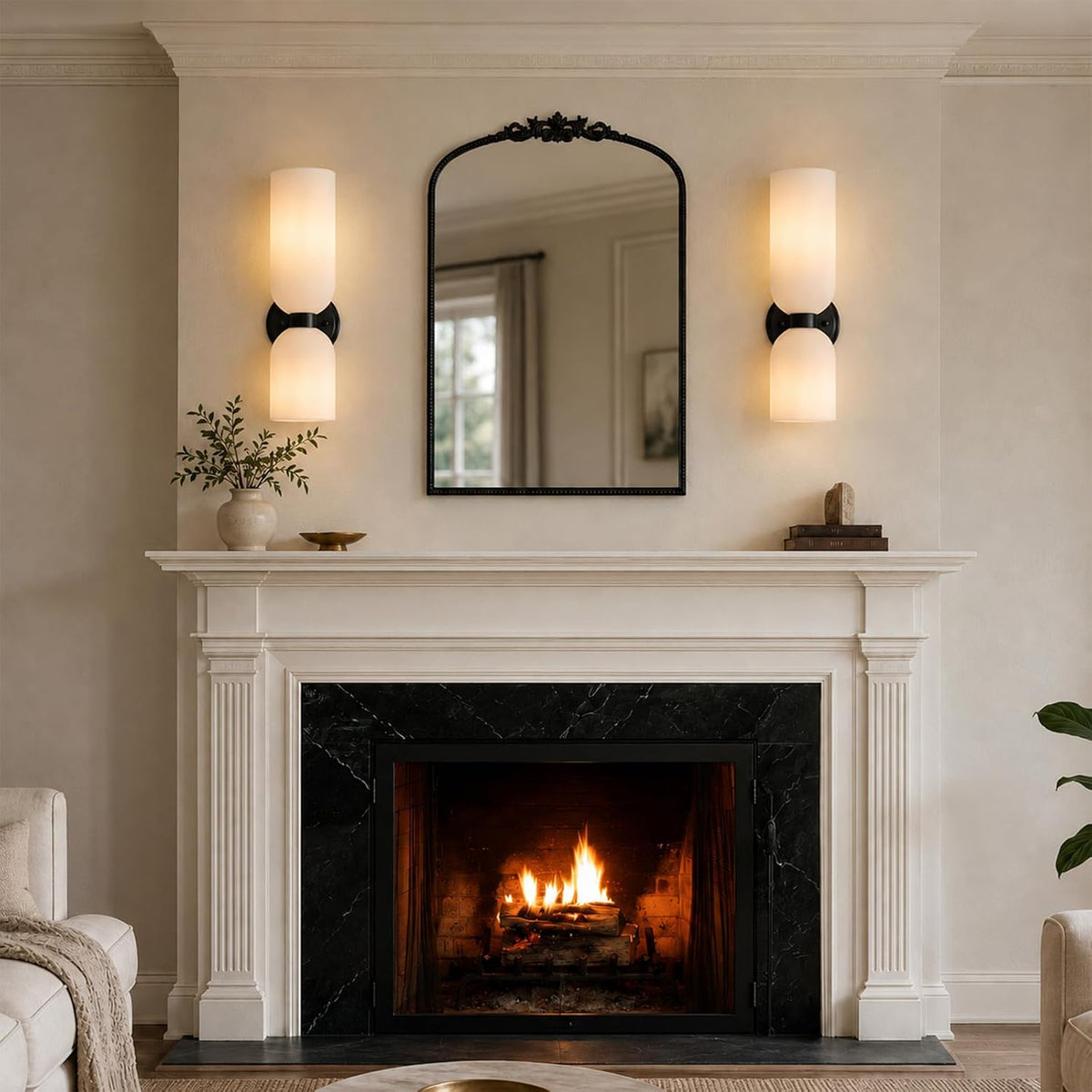 Black Wall Sconces Set of 2 - Frosted Milk Glass Dimmable Light Fixtures