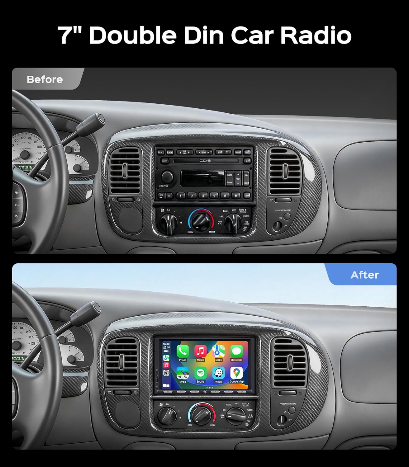 7" 2+32G Android Double Din Car Radio Stereo with Physical Button, CarPlay/Android Auto, 48B EQ&DSP, 4.1-Channel, Outputs 240W, SWC/Bluetooth/AM/FM/1080P Backup Camera