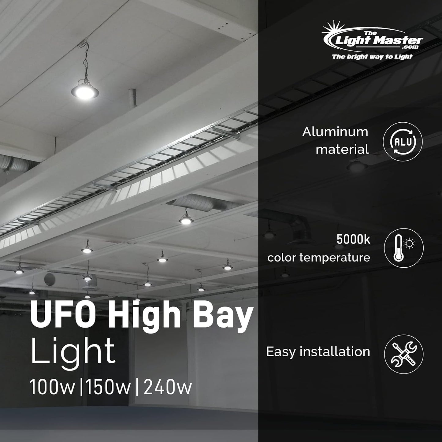 THE LIGHT MASTER 300W, 5000 K, 45500 Lumen Elite Smart UFO High Bay with Advanced Lens Optics to Provide an Energy efficient 120 Degree Beam Angle.