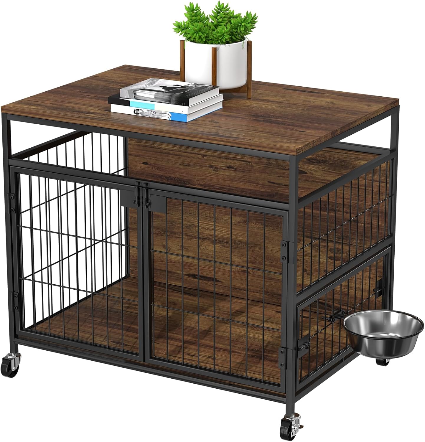 31' Dog Crate Furniture, Heavy Duty Wooden Side End Table, Indoor Dog Kennel Furniture for Small/Medium Dog, Double Doors & 360 Degree Rotating