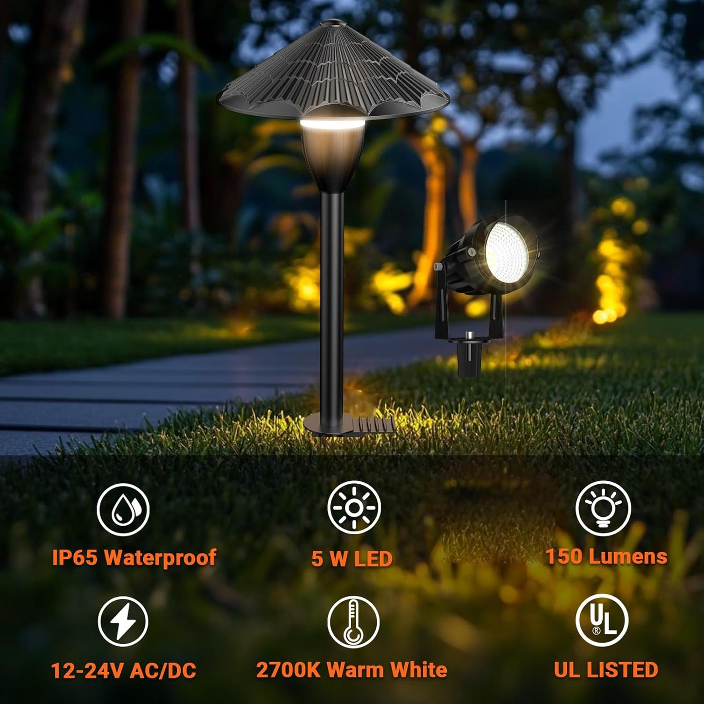 Cuguords,LED Landscape Lighting Kit,LED Low Voltage Pathway Lights,AC/DC 12-24V UL Listed Cord Waterproof,Outdoor Wired Landscape Light Sets,Outdoor