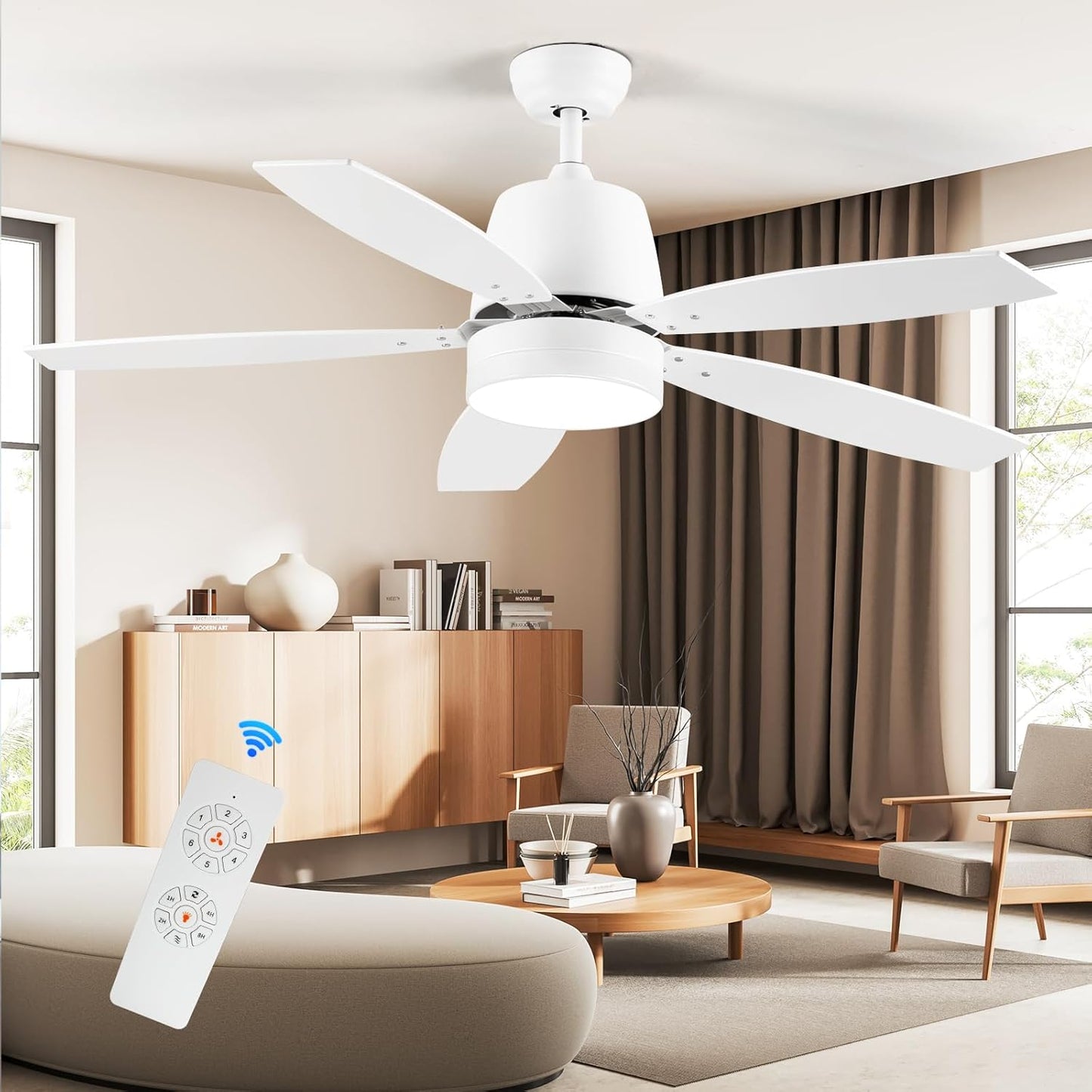 Ceiling Fan with Lights, 52 Inch White Ceiling Fan with Remote, Dimmable LED Light, Quiet Reversible Motor, 5 Blades Modern Ceiling Fan for Bedroom