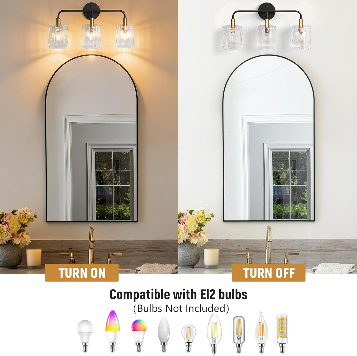 3-Light Glass Bathroom Vanity Lights Over Mirror, Black and Gold Bathroom Light Fixture with Clear Glass Shade, Modern Bathroom Wall Sconce Lighting for Mirror, Living Room (E12)