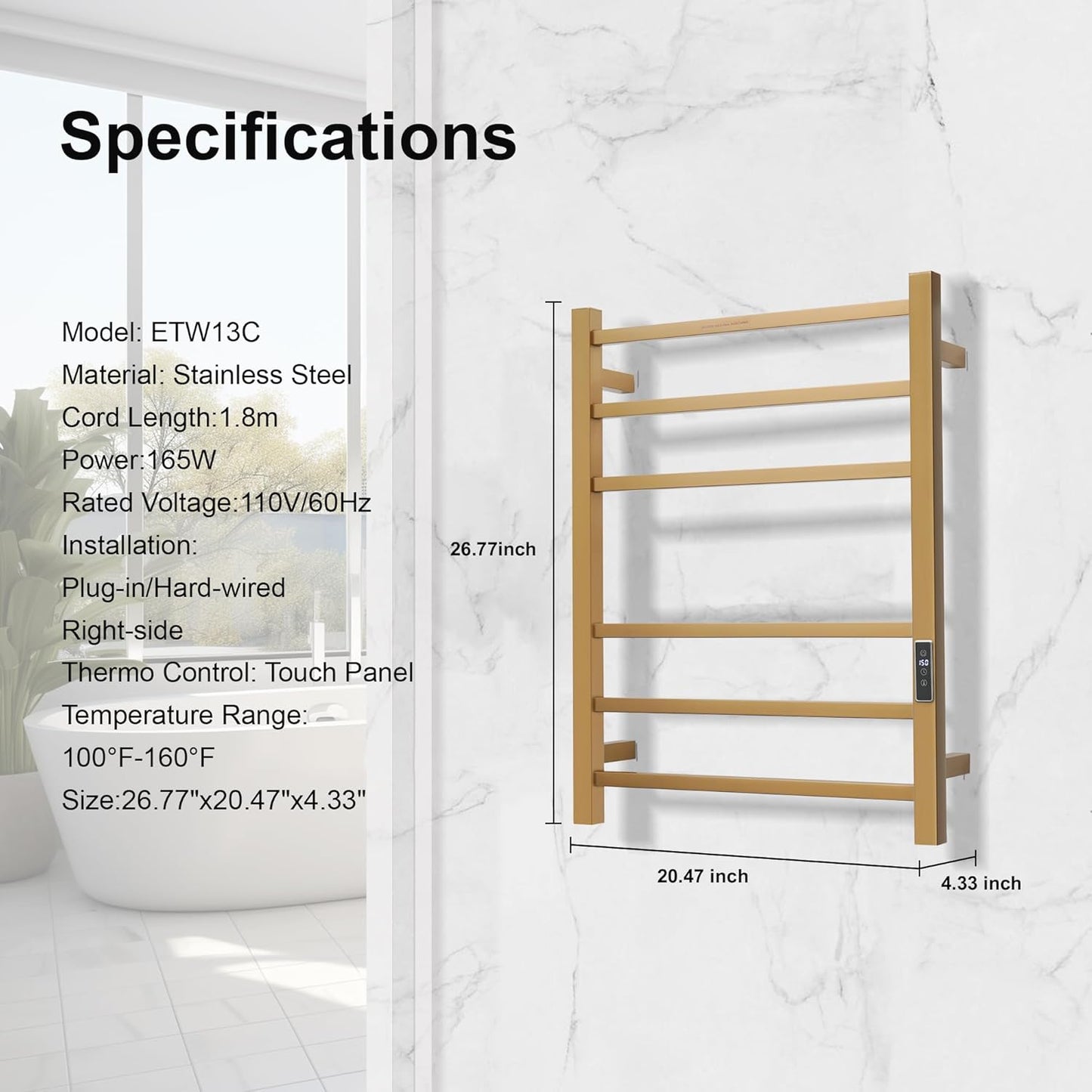 Electric Heated Towel Warmer - Wall Mounted Bathroom Towel Rack, Plug-in Design & Brushed Stainless Steel Finish Square Gold with Timer & Temperature Control 6 Bar