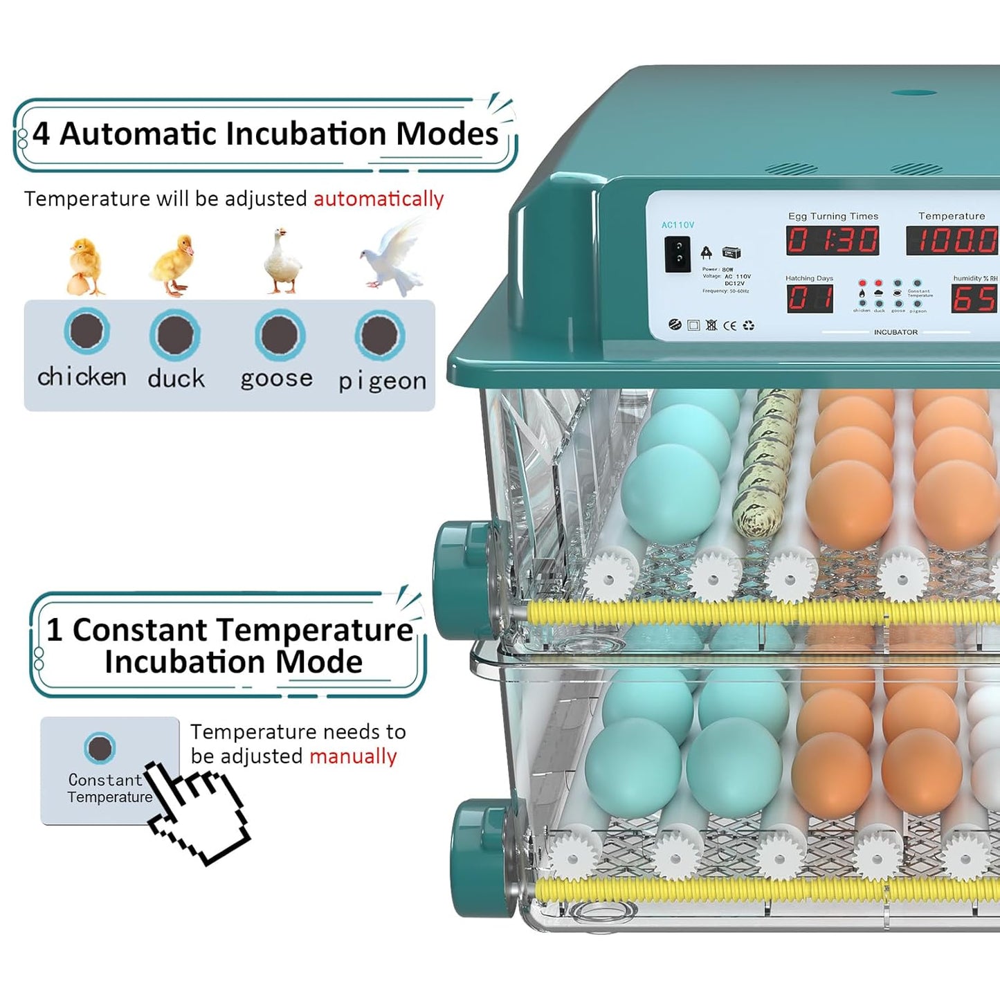 Incubators for Hatching 120 Eggs, Egg Incubator with Automatic Egg Turning and Humidity Monitor, Temperature Control, 5 Automatic Incubation Modes