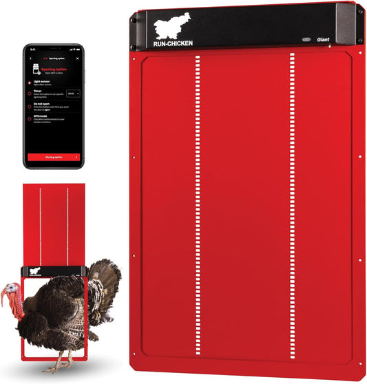 Chicken Door (Red) Giant for Large Poultry, Turkey Coop Door, Battery Powered, Large Size Automatic Coop Door, Full Aluminum Automatic Chicken Door