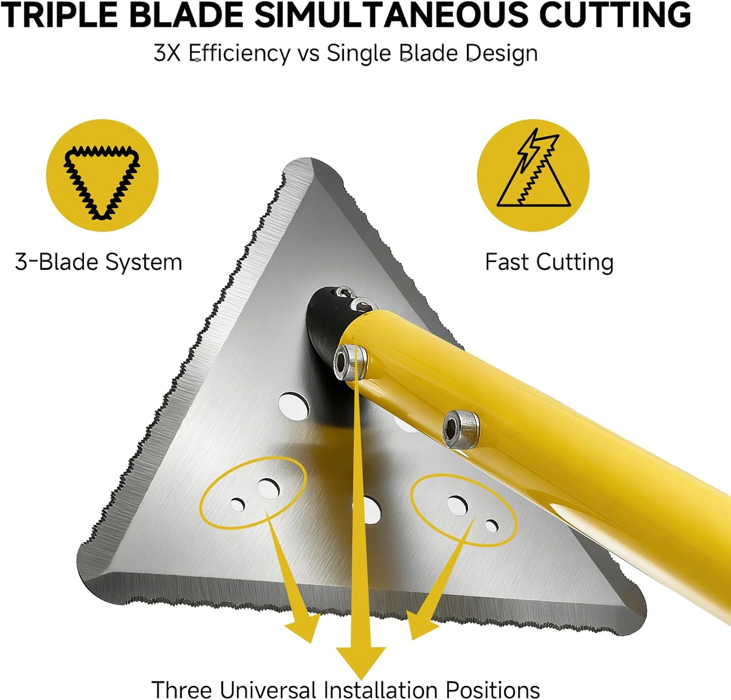 Pond Cattail/ Garden Weed Cutting Tool, Three-Sided Blade, Three Aluminum Poles, Yellow.