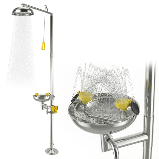 Emergency Eye Wash Station with Shower, 304 Stainless Steel Eye Wash and Shower Combination, Floor Mounted Stand Up Eyewash Station, Safety First Aid for Industrial, Commercial and Lab Use