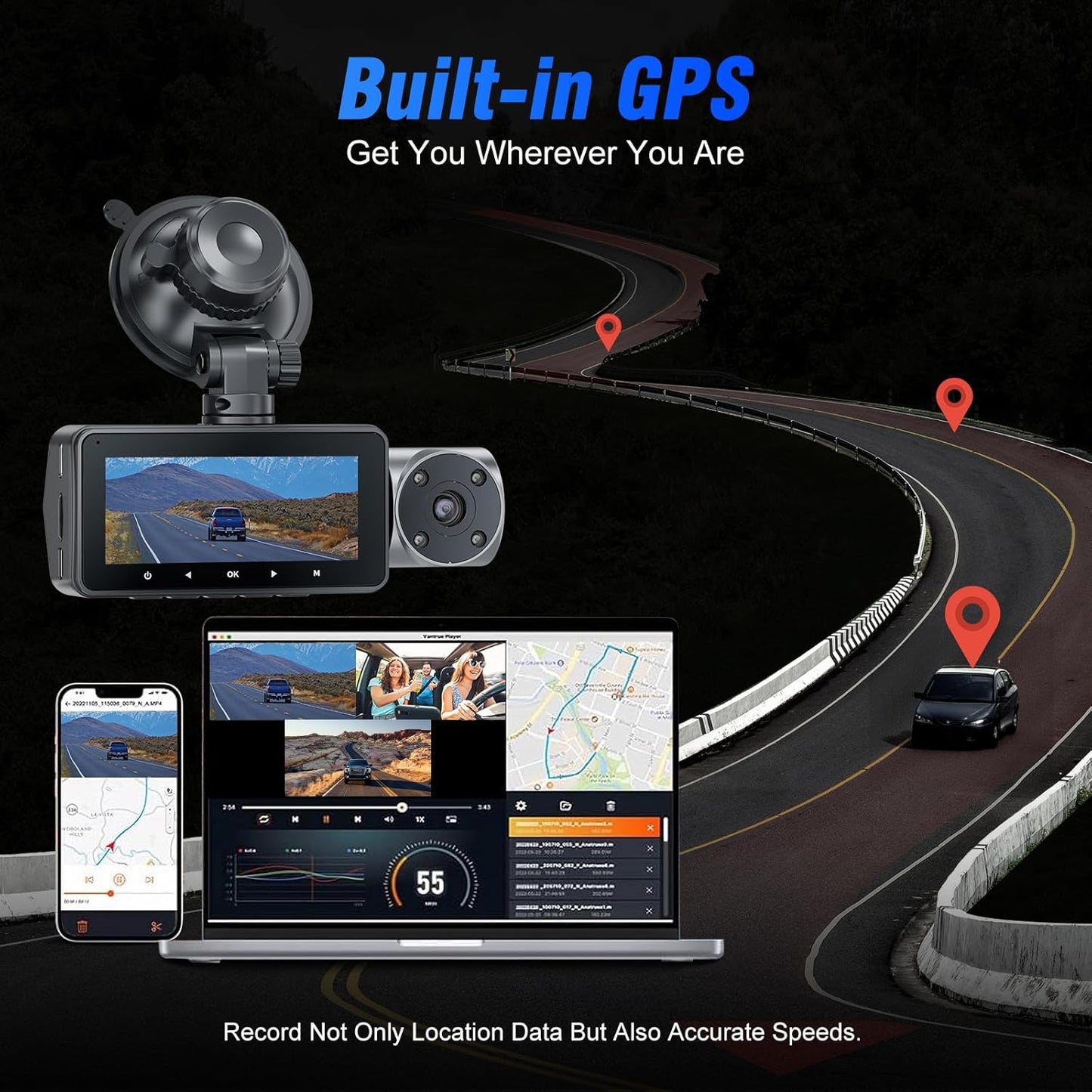 4K 3 Channel Dash Cam 5G WiFi Built-in GPS with 64GB Card,2160P+1080P+1080P Front and Rear Inside Loop Recording