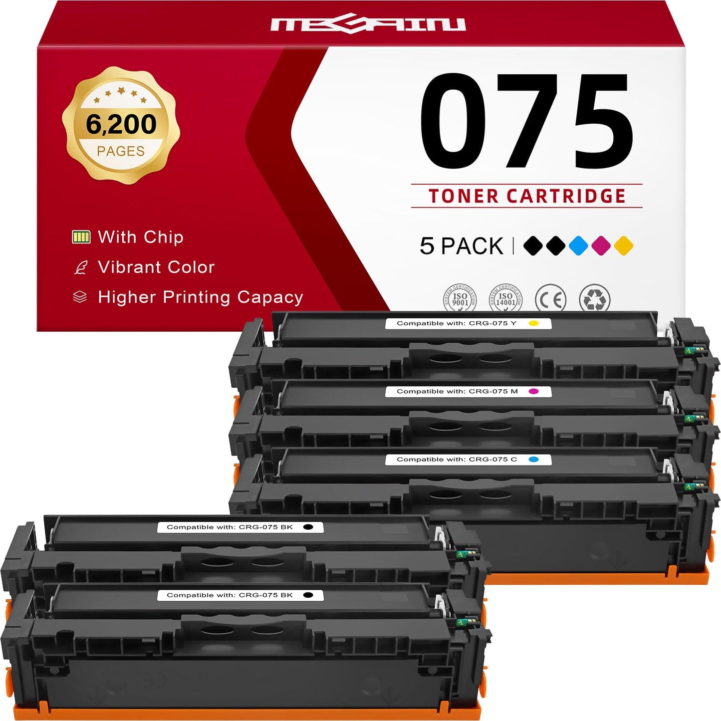 MEGAIN 075 High Capacity Toner Cartridge Replacement for Canon 075H with Color imageCLASS MF665Cdw LBP646Cdw MF663Cdw MF662Cdw LBP647Cdw LBP640 MF660 Laser Printers with Chip (with Chip, 5 Pack) 075 5Pack