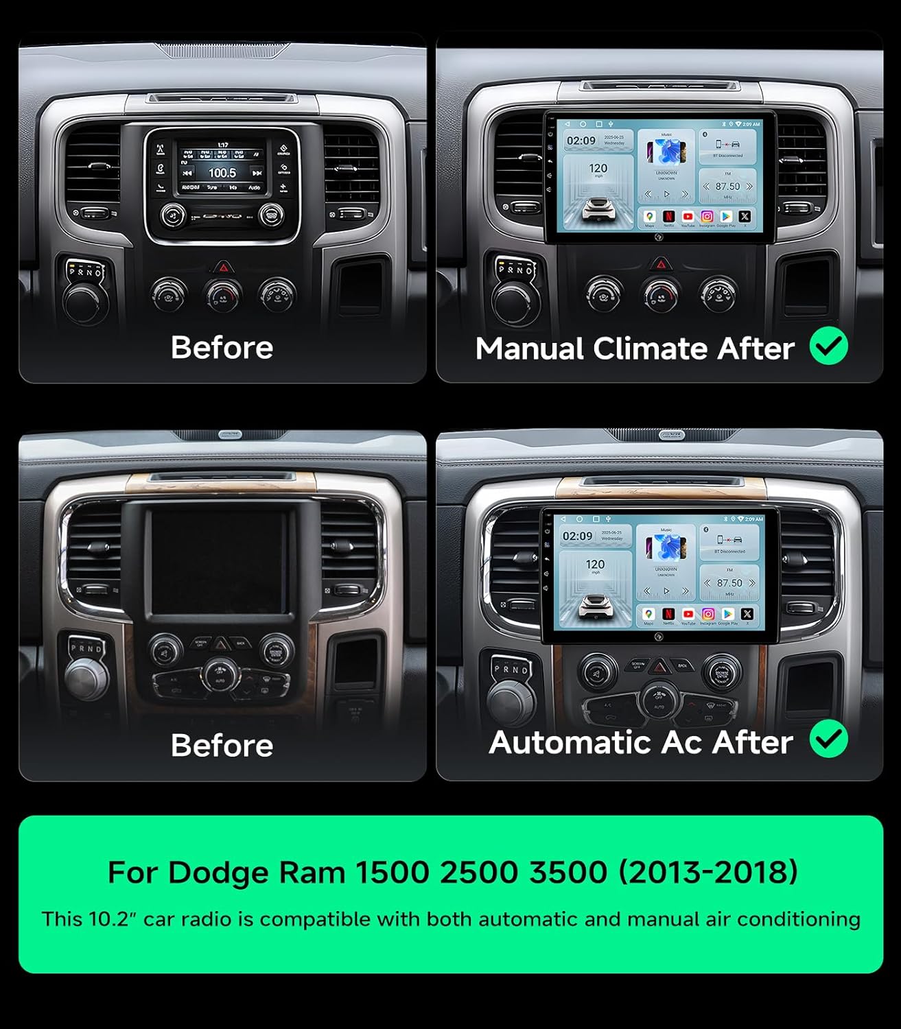 10.2 Inch Car Radio Stereo for Dodge Ram Pickup 1500 2500 3500 2013-2018, Wireless CarPlay & Android Auto, HD Touchscreen, GPS Navigation, HD Backup Camera