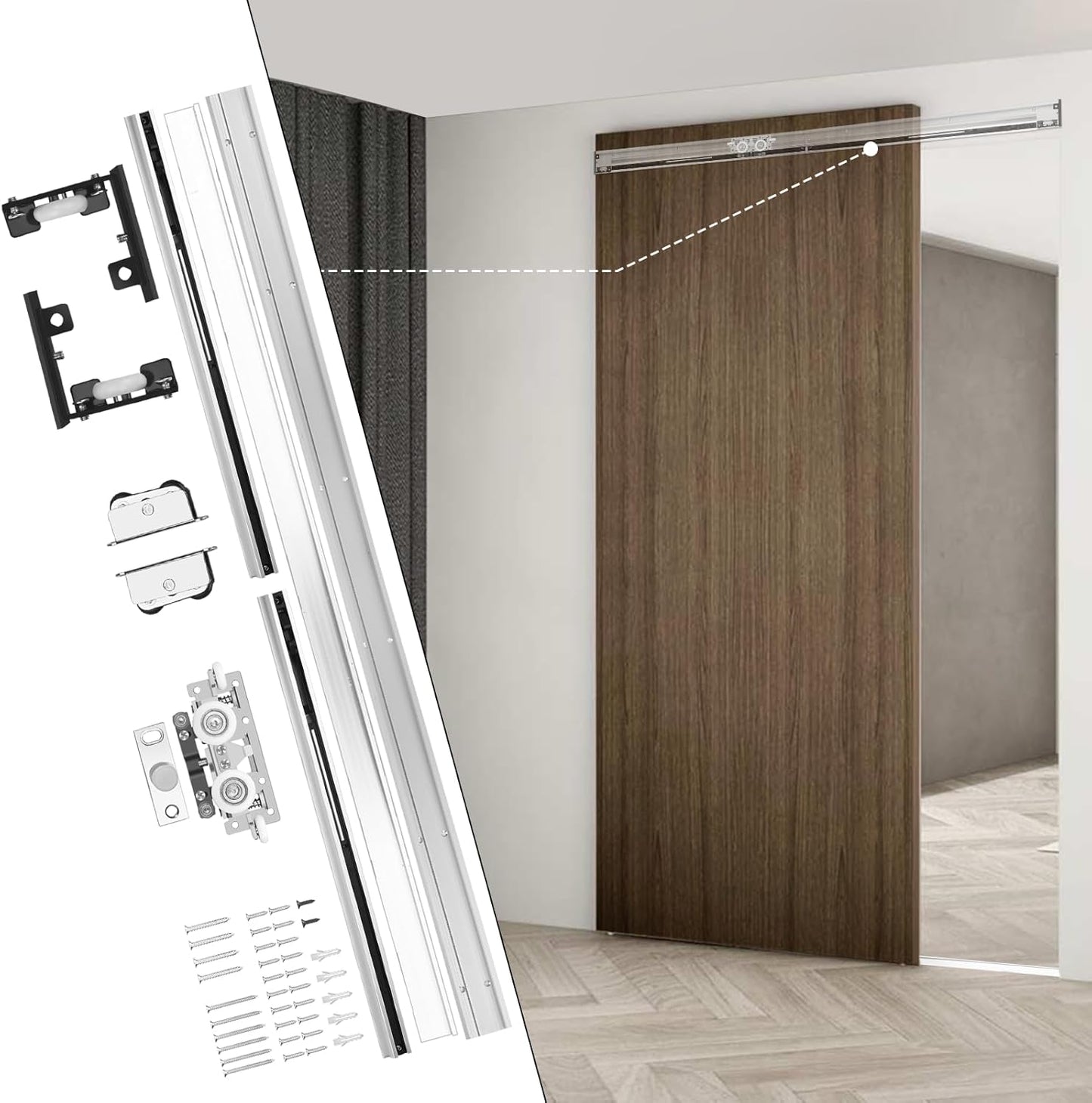 36-48' Heavy Duty Hidden Sliding Barn Door Hardware and Track, Floating Door System, Floating Wall Mount, Soft Close, Quiet and Smooth, Easy to