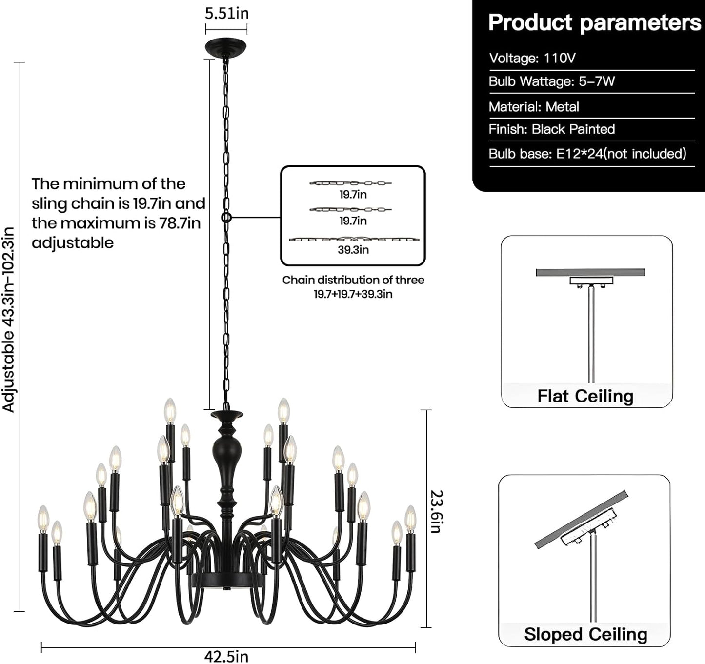 Farmhouse Dining Room Black Chandelier, Modern 24 Light Black Large Chandelier 3 Tier Design, Height Adjustable for High Ceiling Lighting Fixtures in