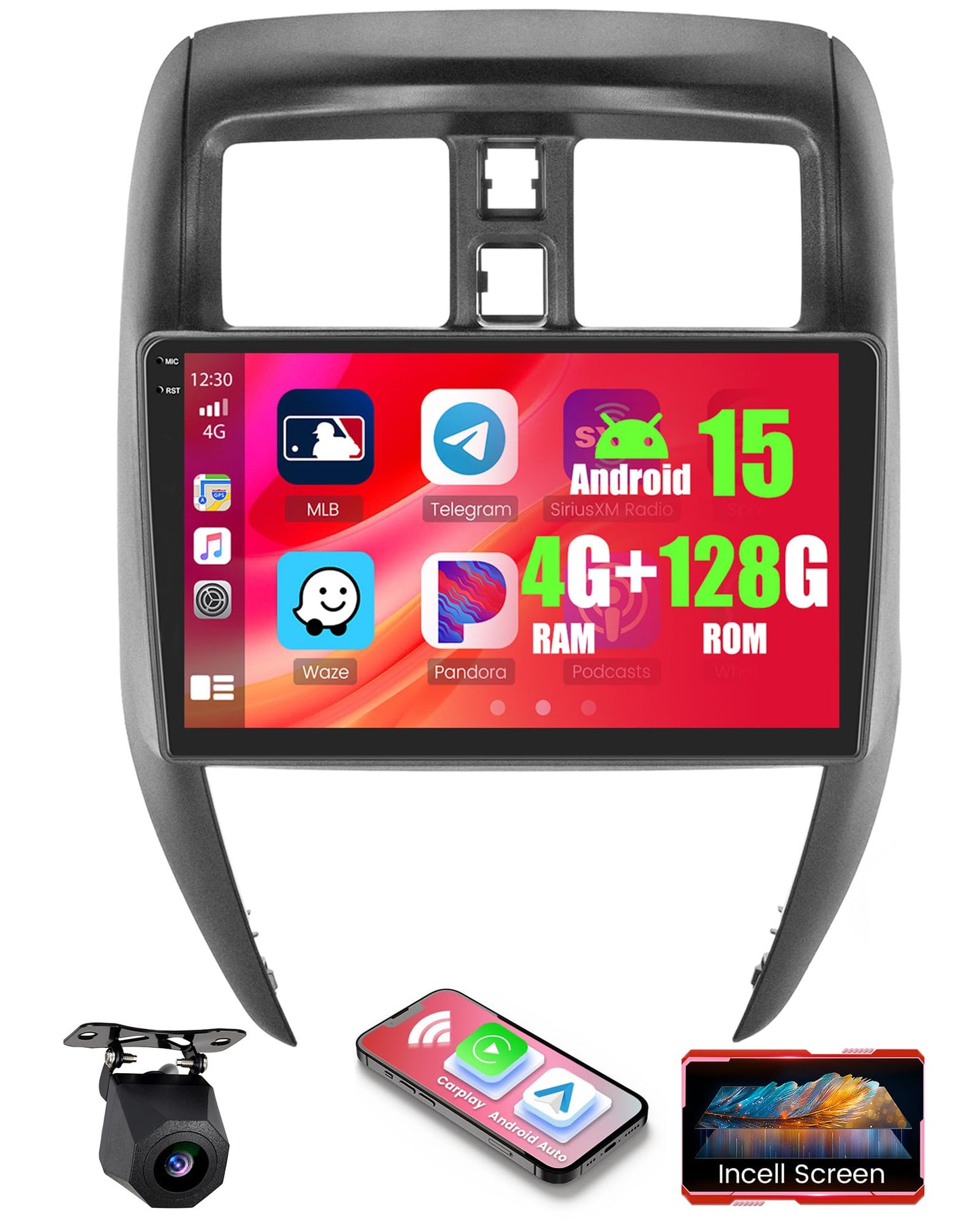 4+128GB Android 15 Car Radio for Nissan Versa Sedan 2015-2019 Wireless Carplay Android Auto, 10.1" 1280 * 720P in-Cell Touch Screen Car Stereo WiFi Bluetooth GPS FM/RDS EQ Backup Camera MIC 4+128GB in-cell Screen