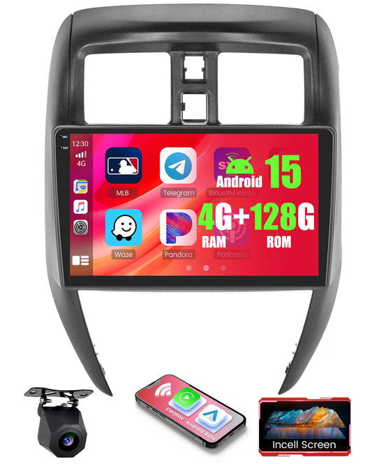4+128GB Android 15 Car Radio for Nissan Versa Sedan 2015-2019 Wireless Carplay Android Auto, 10.1" 1280 * 720P in-Cell Touch Screen Car Stereo WiFi Bluetooth GPS FM/RDS EQ Backup Camera MIC 4+128GB in-cell Screen