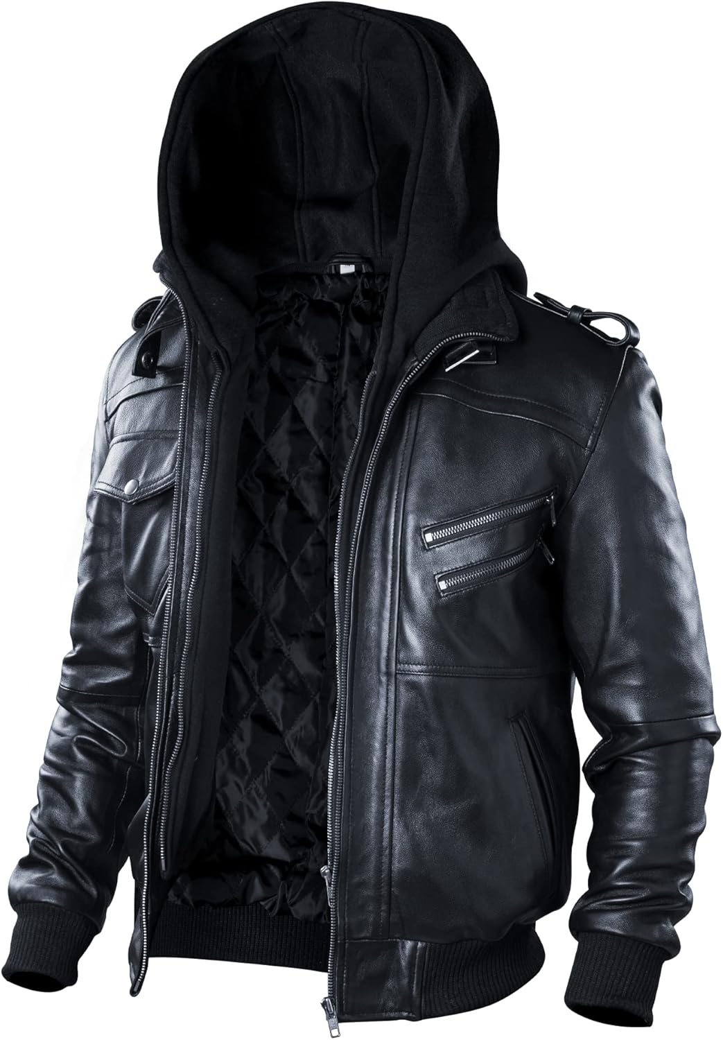 TLC Fashion Black Leather Jacket with Removable Hood - Real Leather Jacket for Men in US Sizes, Lambskin Leather Jacket (Small, Black)