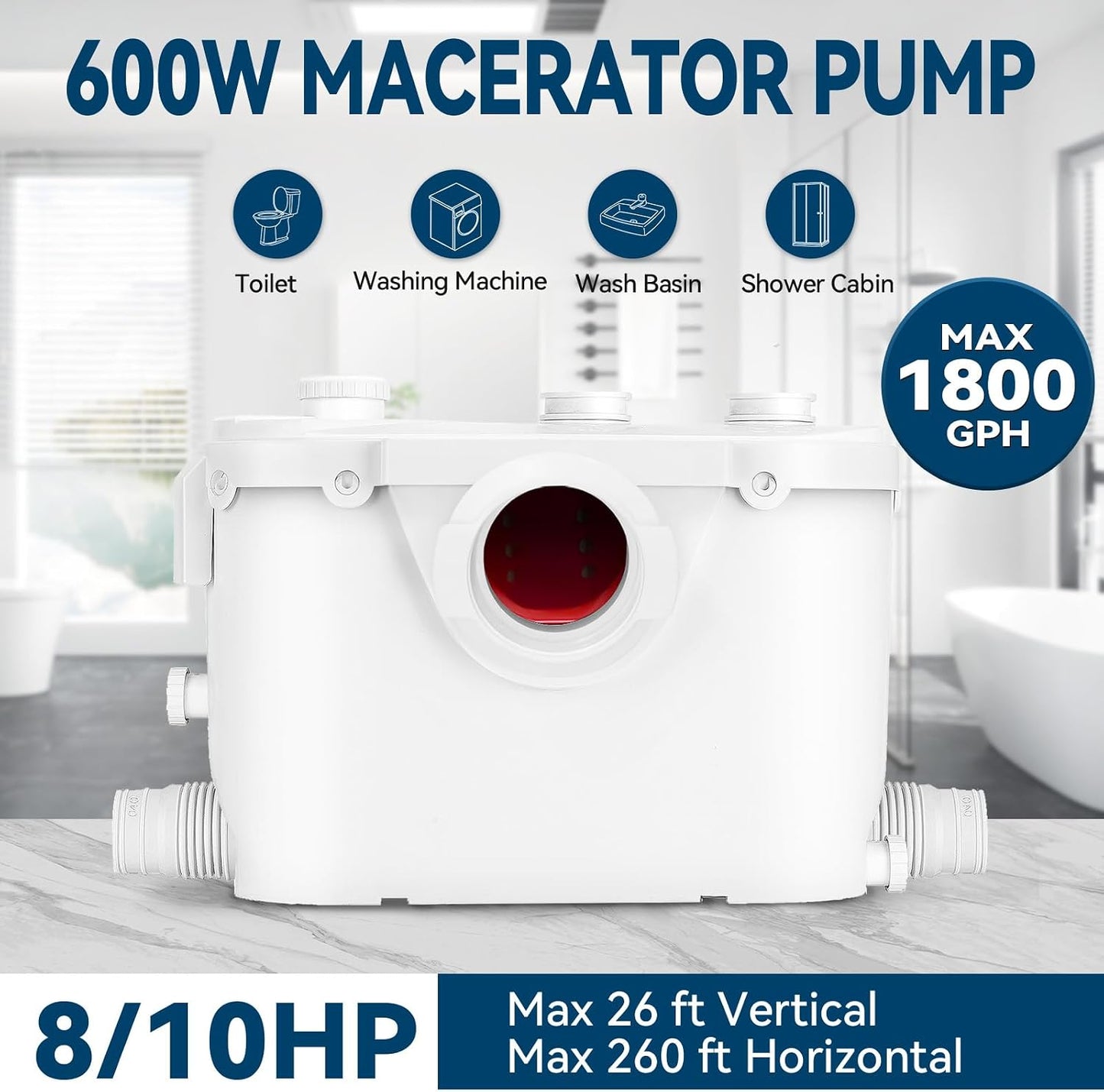 600W Macerator Pump Toilet Pump Upflush to 26FT 1800GPH Utility Sink Pump with 4 Water Inlets 1 Outlets Macerating Toilet System for Toilet Sink Shower Laundry Kitchen Basement