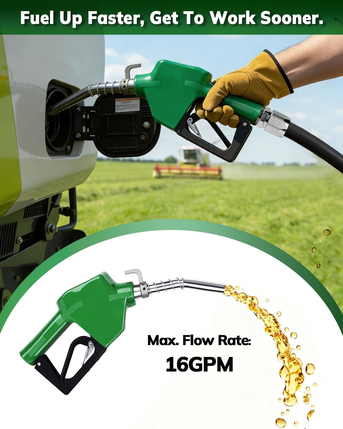 4 Pack 3/4" NPT Automatic Fuel Nozzle, Auto Shut-Off Gas Pump Nozzle with Hook, Max Flow 16 GPM, 3-Speed Padlock, for Diesel, Gasoline, Kerosene, Biodiesel up to B20 (Green)