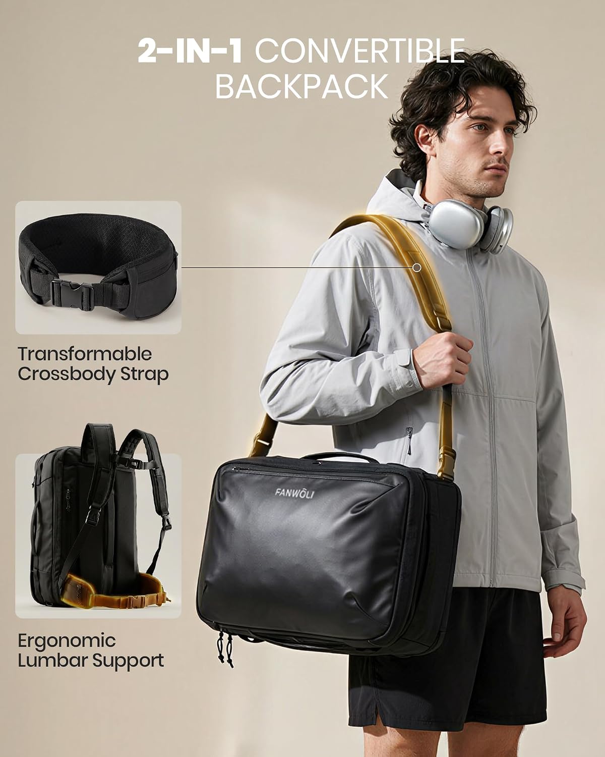 Fanwoli Vacuum Travel Backpack,One-Touch Compression,Converts to Crossbody | Built-in Electric Pump,Carry On,900D Water-Repellent Oxford, Wet/Dry & Shoe Compartments, Anti-Theft Zipper, Fits 17" Laptop Obsidian Black