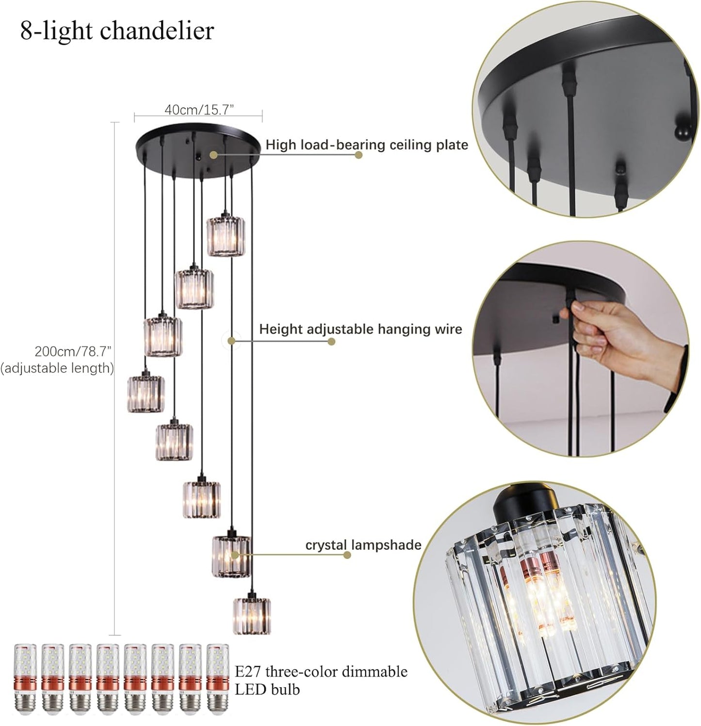 Long Chandeliers for High Ceilings,Modern Crystal Pendant Light,Raindrop Drop Lamp,Hanging Flush Mount Lighting Fixtures for Spiral Staircase,Foyer