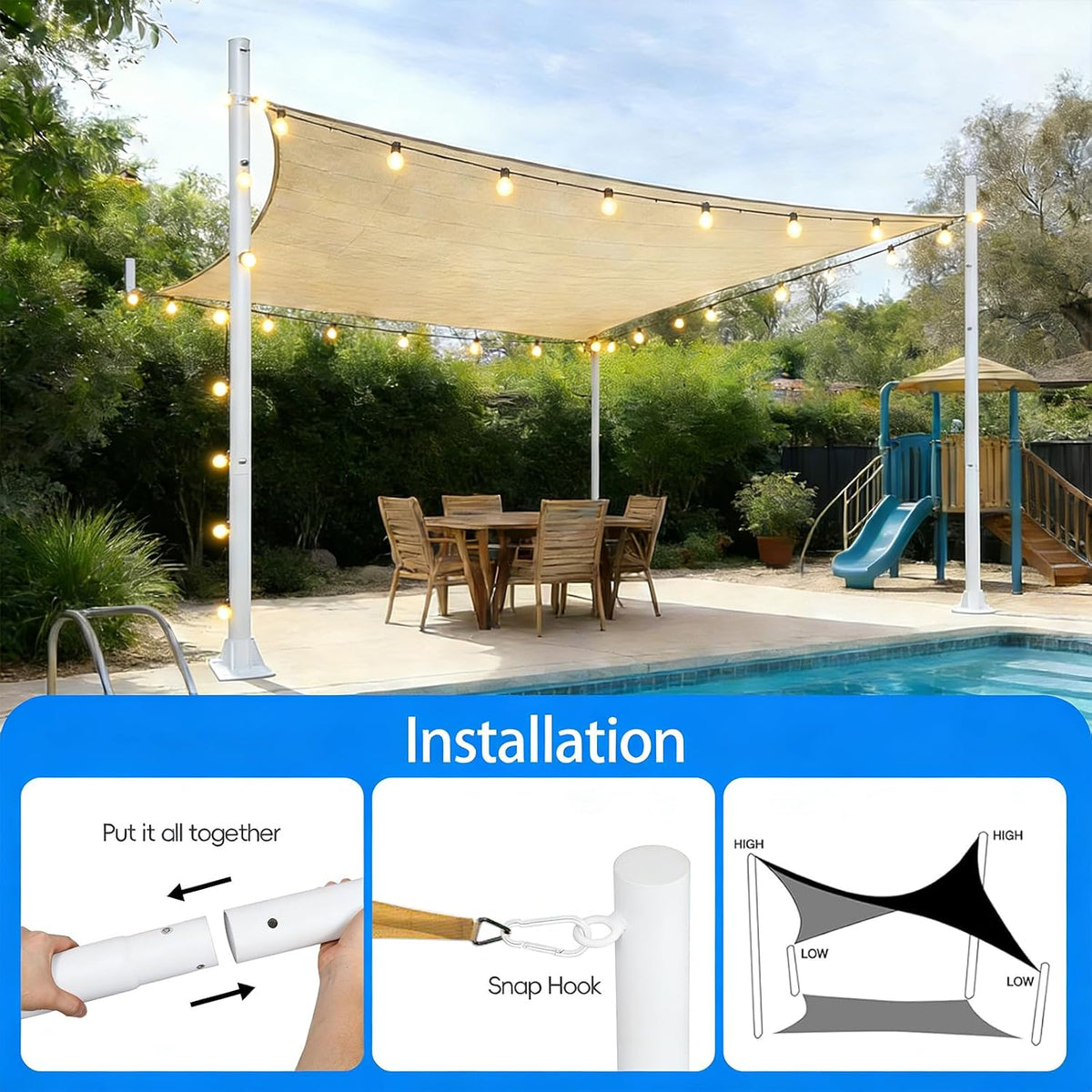 Shade Sail Poles kit, 11Ft Sun Shade Sail Poles Support Awning Canopy, Outdoor String Light Pole Post Heavy Duty Steel Post Suitable for Garden/Yard/Pool/Patio(Heavy Duty 2.4" White 1x11Ft Poles)