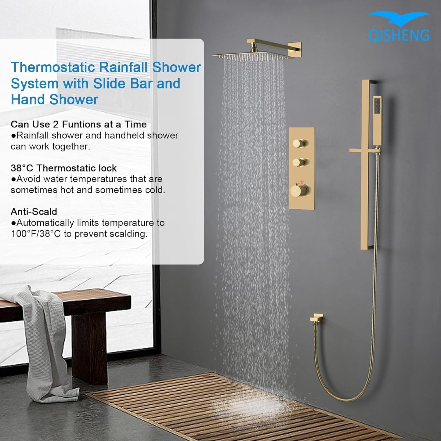 Slide Bar Shower System, Anti-Scald Thermostatic Shower System, Luxury Shower System with Rain Shower and Handheld Spray, Brushed Nickel Wall Mount