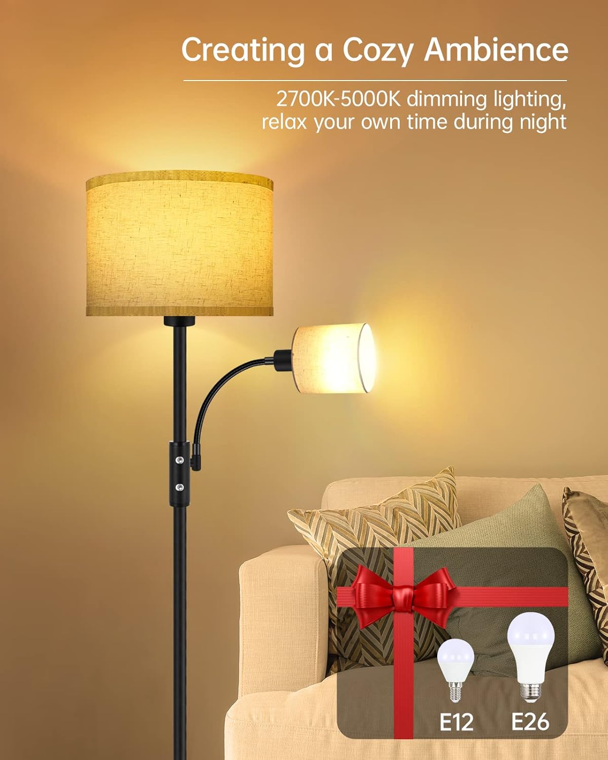 Floor Lamps for Living Room, Modern Floor Lamp with Reading Lamp(9W, 4W), 3 Color Temperature LED Bulbs, 62' Tall Standing Lamp, Beige Lampshades,