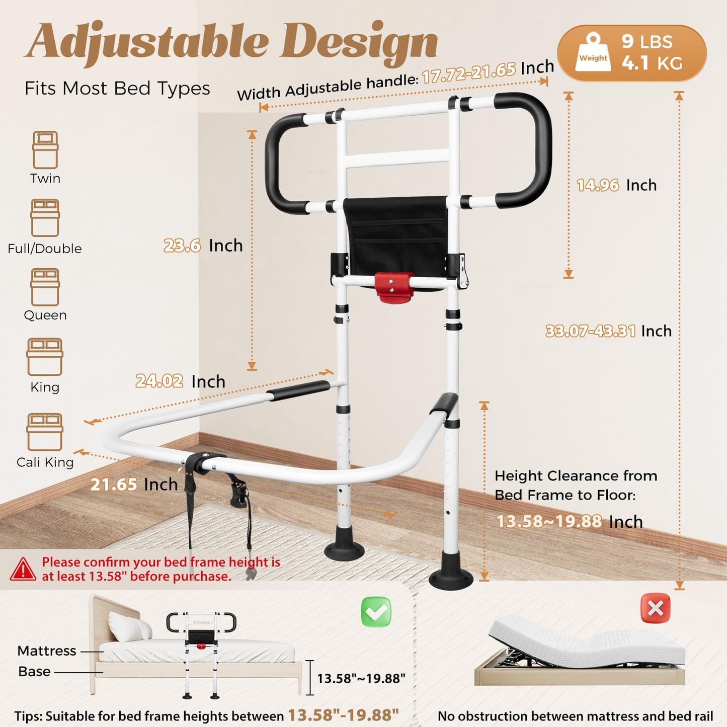 Folding Bed Rail for Elderly Adults with Motion Sensor Light, Adjustable Safety Assist Handle with Secure Straps, Heavy-Duty Bedside Support, Fits Bed Frames 13.58–19.88 in