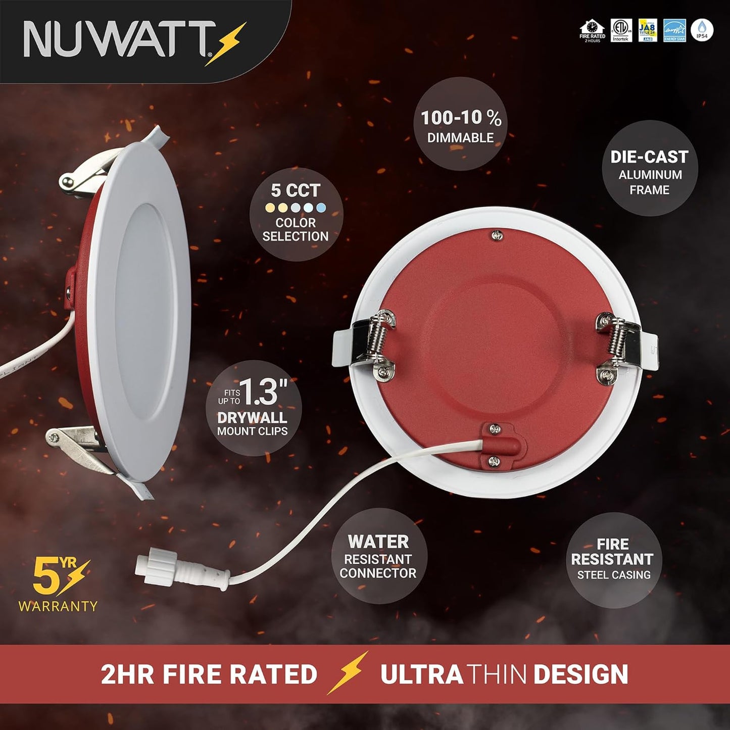 NUWATT 4 Inch 2 Hour FIRE Rated Ultra-Thin LED Recessed Light, 2700K/3000K/3500K/4000K/5000K Selectable, 900 Lumens, Di