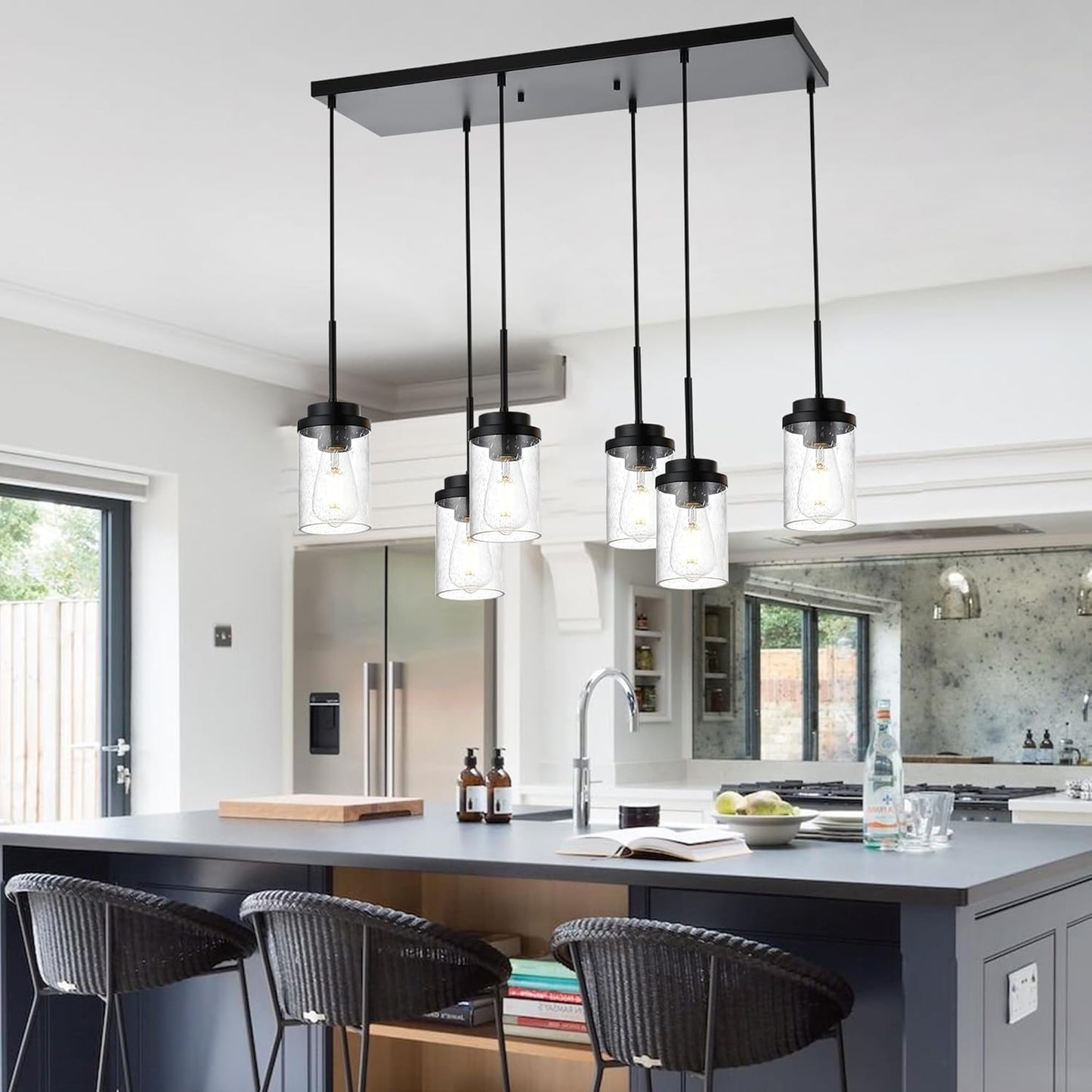 6 Lights Hanging Kitchen Island Lighting Black Linear Chandeliers for Dining Room, 30.5 Inches Large Pendant Light Fi