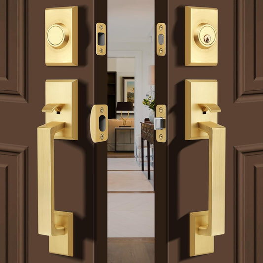 Double Front Door Lock Set, Square Heavy Duty Double Door Handle with Dummy, Entry Handleset with Deadbolt