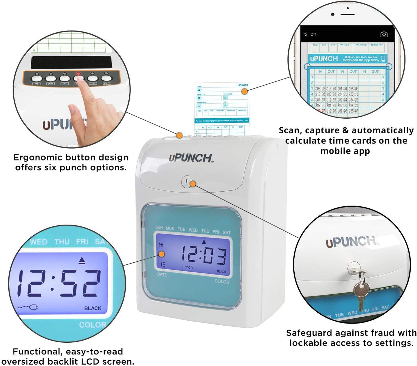 Smart Time Clock System for Small Business: Auto Align Punch Clock with Free Mobile App for Digital Time Card Management and Payroll, uPunch SB1200