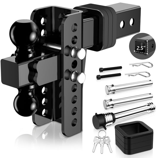 Adjustable Trailer Hitch, Fit 2.5 in Receiver, 22,000 LBS GTW, Heavy Duty Drop Hitch with 2" & 2-5/16" Ball Mounts for Trucks, 6 Inch Drop/Rise, Anti-Theft Pins