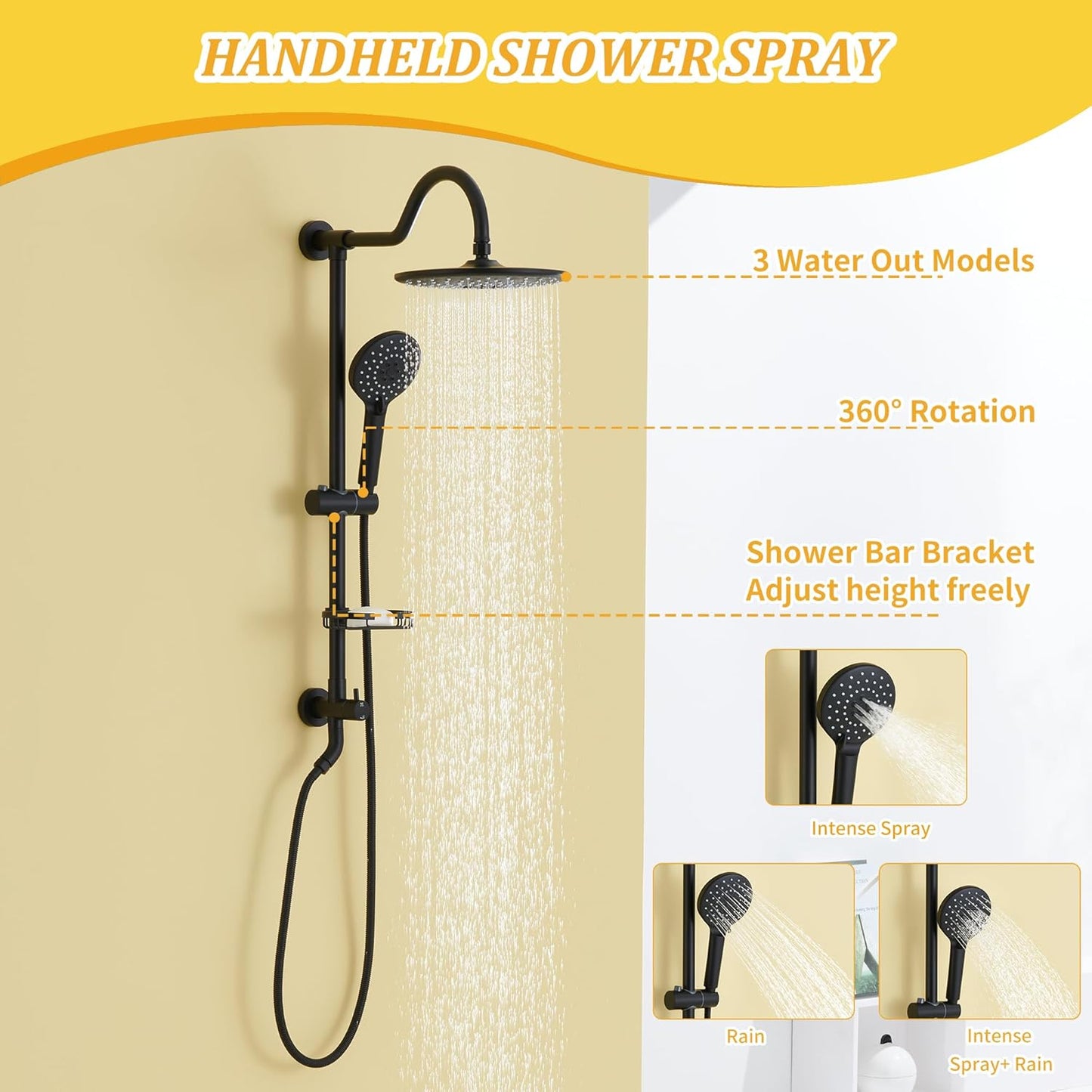 MONDAWE Exposed Shower System 8-Inch Matte Black Shower Head with Handheld Sprayer 3-Setting, Slid Bar Shower System