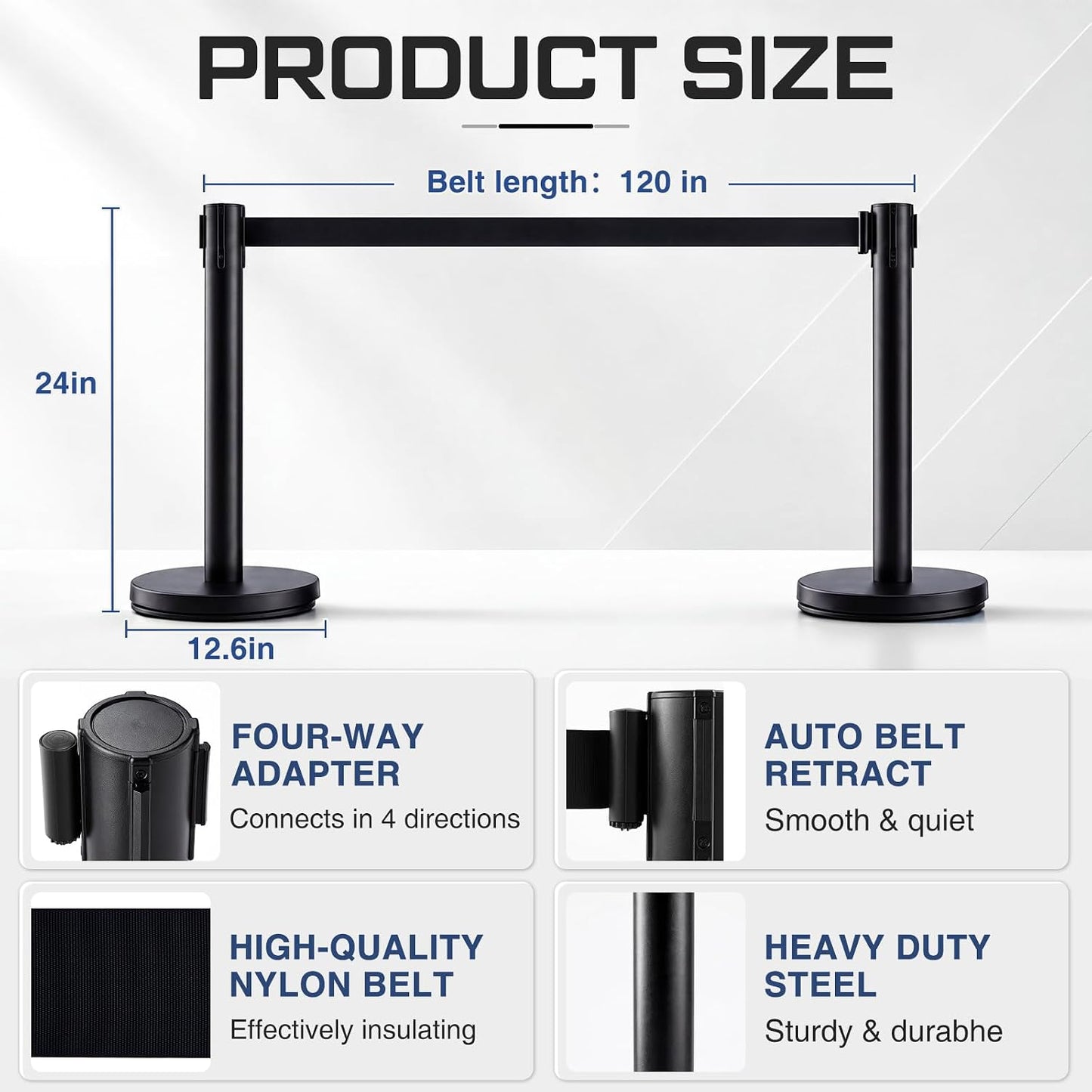 Gisafai 2 Pack 24" Stanchions Black, Low Profile Stanchions Crowd Control | with 10ft Retractable Belts, Stanchions for Theaters, Parties, Car Shows, Museums, Art Galleries, Unobstructed View Display