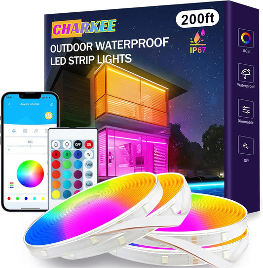 CHARKEE 200ft IP67 Waterproof Silicone Tube LED Strip Lights, Bluetooth and APP Control LED Rope Lights Outdoor Waterproof,RGB Light Strip Music