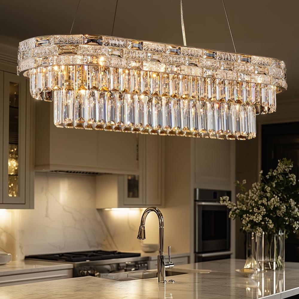 HUANXISHA Gold Oval 12-Light Modern Crystal Chandelier for Dining Room Kitchen Island Bar, L34.3 Inch