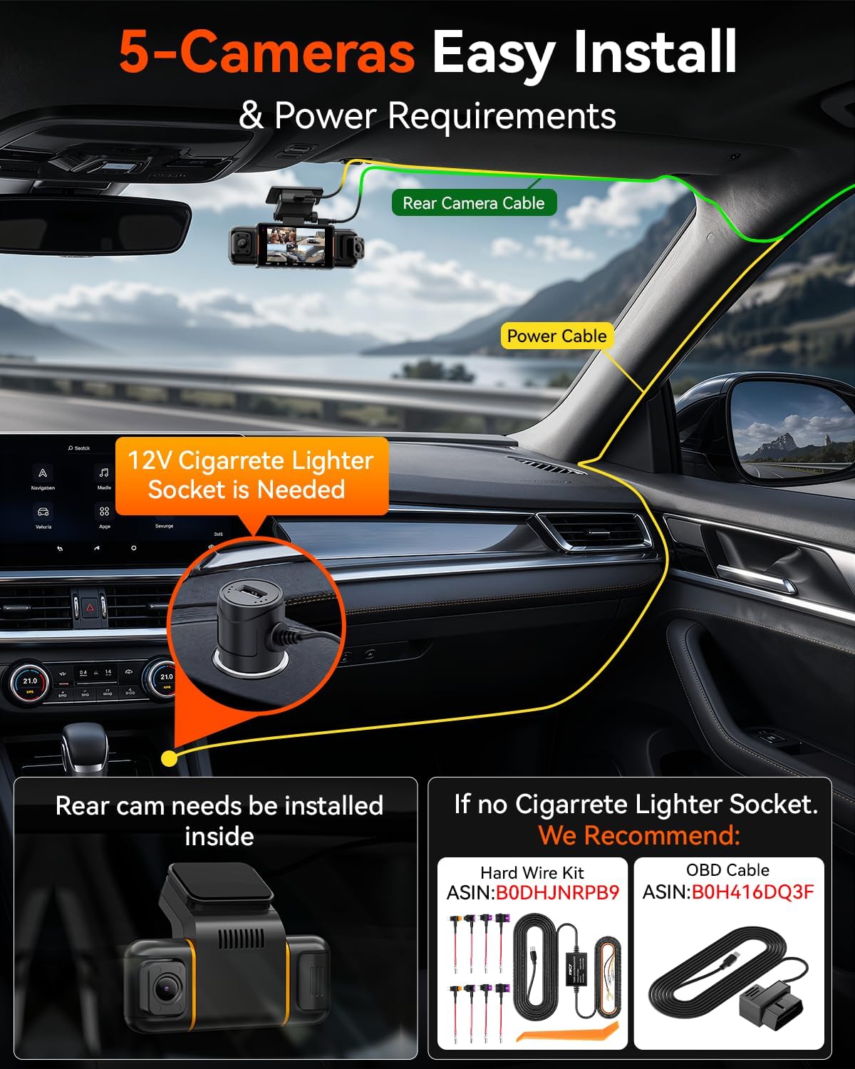 IIWEY N9 360° 5 Channel Dash Cam, Free 128GB Card, 12 IR LEDs Night Vision | 5.8G WiFi-6 with App (up to 20MB/s), 24/7 Parking Mode, Front & Rear Inside, Left, Right Dash Camera for Car, GPS, G-Sensor