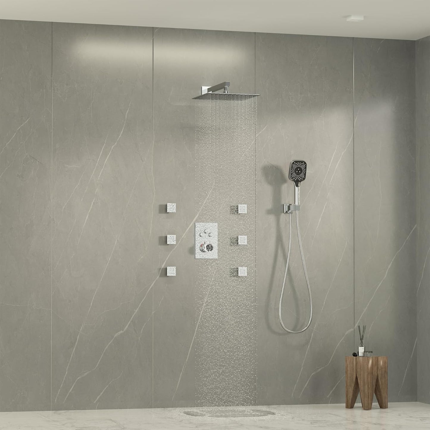 Thermostatic Shower System with 6 Body Jets, 12 Inch Wall Mount 3 Function Rain Shower with Handheld Spray Brass Shower Faucet Set Full Body Luxury