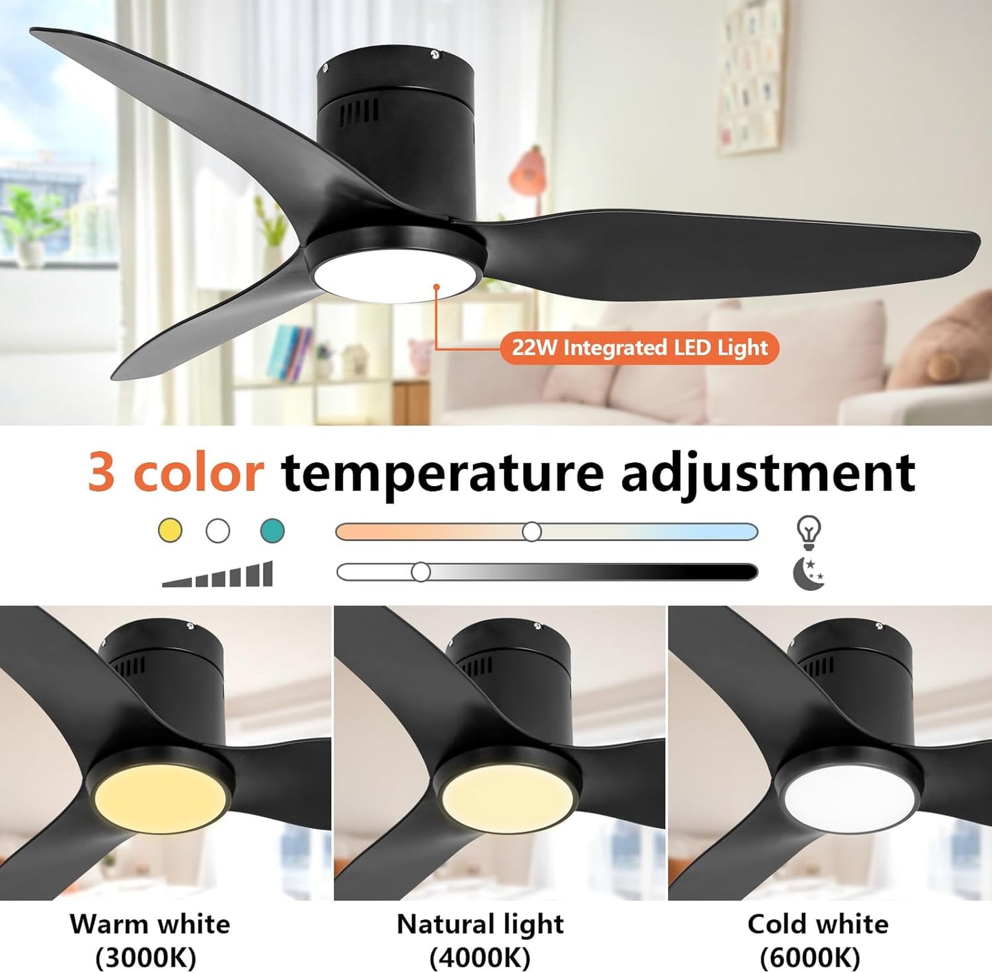 revoici Black Ceiling Fan with Light Remote 52in 6Speed Silent Motor 3CCT Dimmable LED Timer Memory Function Vacation Mode Plastics ABS Blades