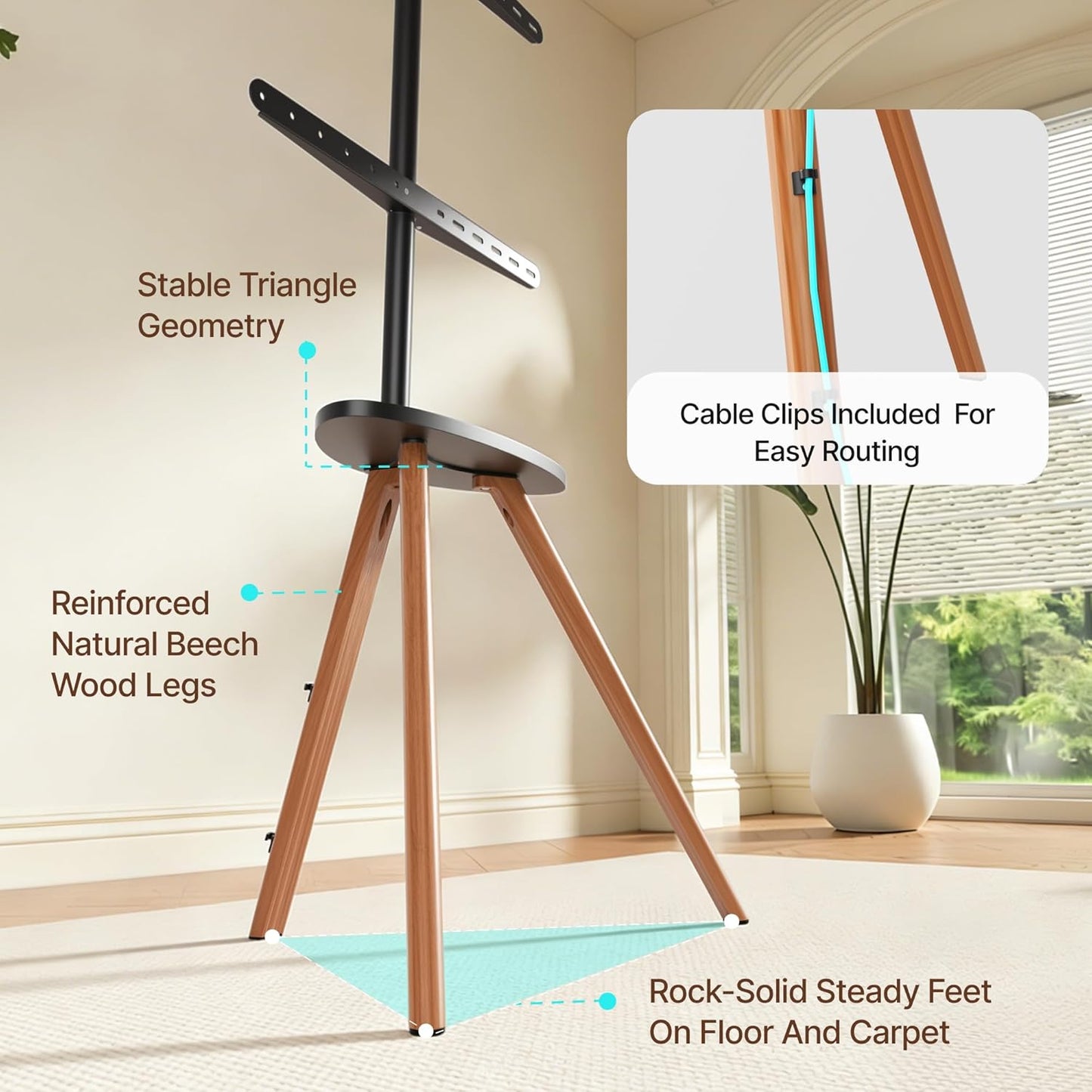 Wood Easel Tv Stand with Artistic Droplet-Shaped Shelf for 45 to 65 Inch Tvs, Swivel Height Adjustable Portable Tripod Tv Stand-Vesa Required Max 600 * 400 mm, up to 88 lbs, Black Walnut