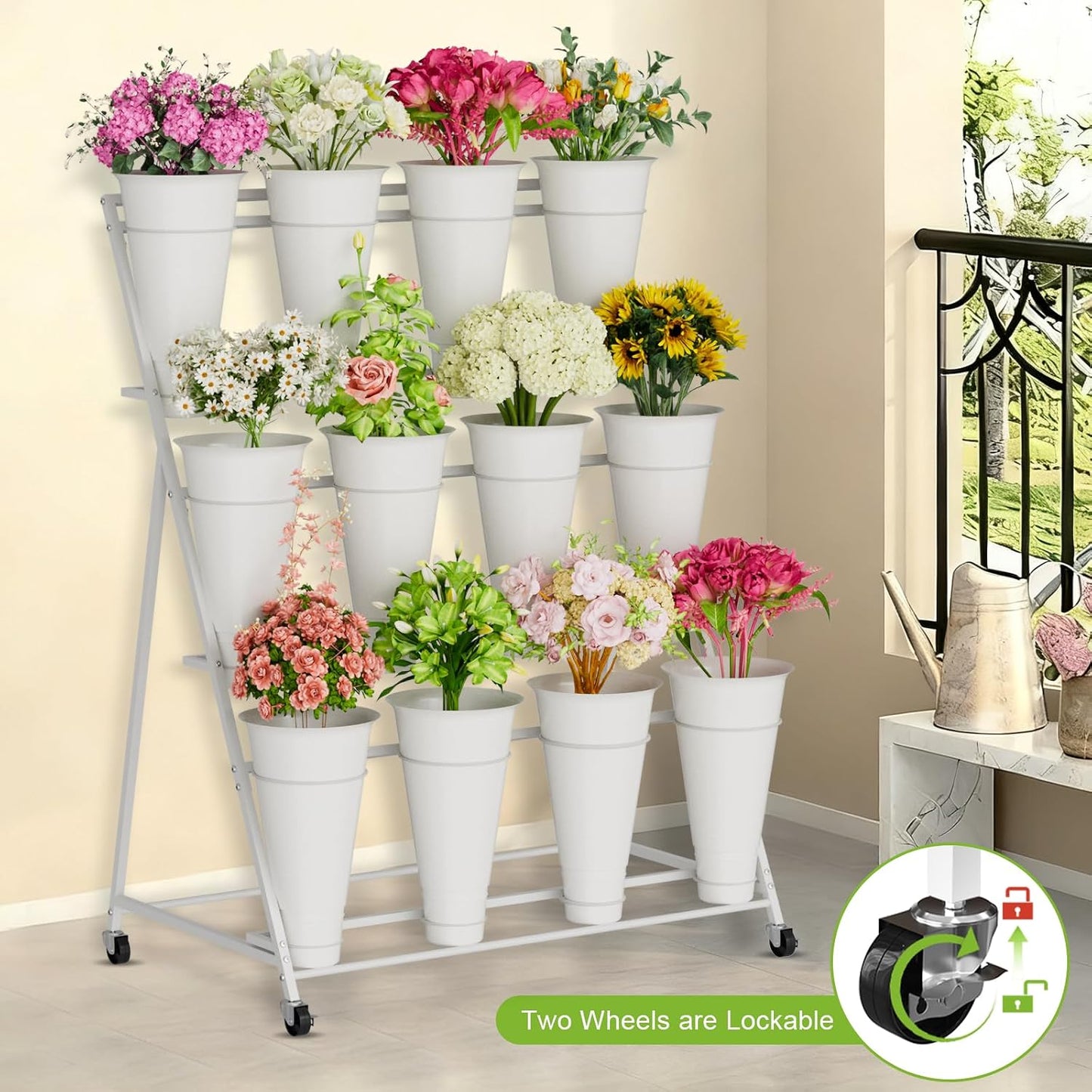 Flower Stand, 3 Tier Flower Display Stand with 12 Buckets, Upgrade Double Circle No Shaking, Outdoor Flower Cart with Wheels for Patio, Garden, Shop, Wedding, Party, Exhibition, Indoor, White