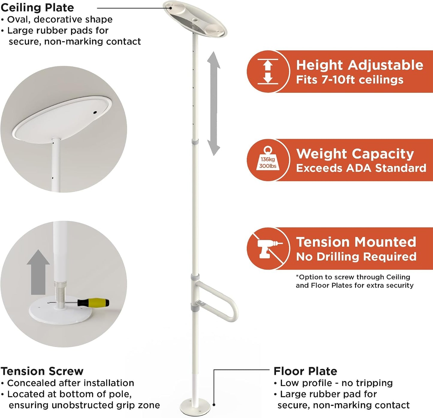 HEALTHCRAFT uPole with Pivot Bar Floor to Ceiling Transfer Pole (7-10FT) | No-Drill Grab Bar, 8 positions Pivot Bar, 360° Support for Bath Transfers