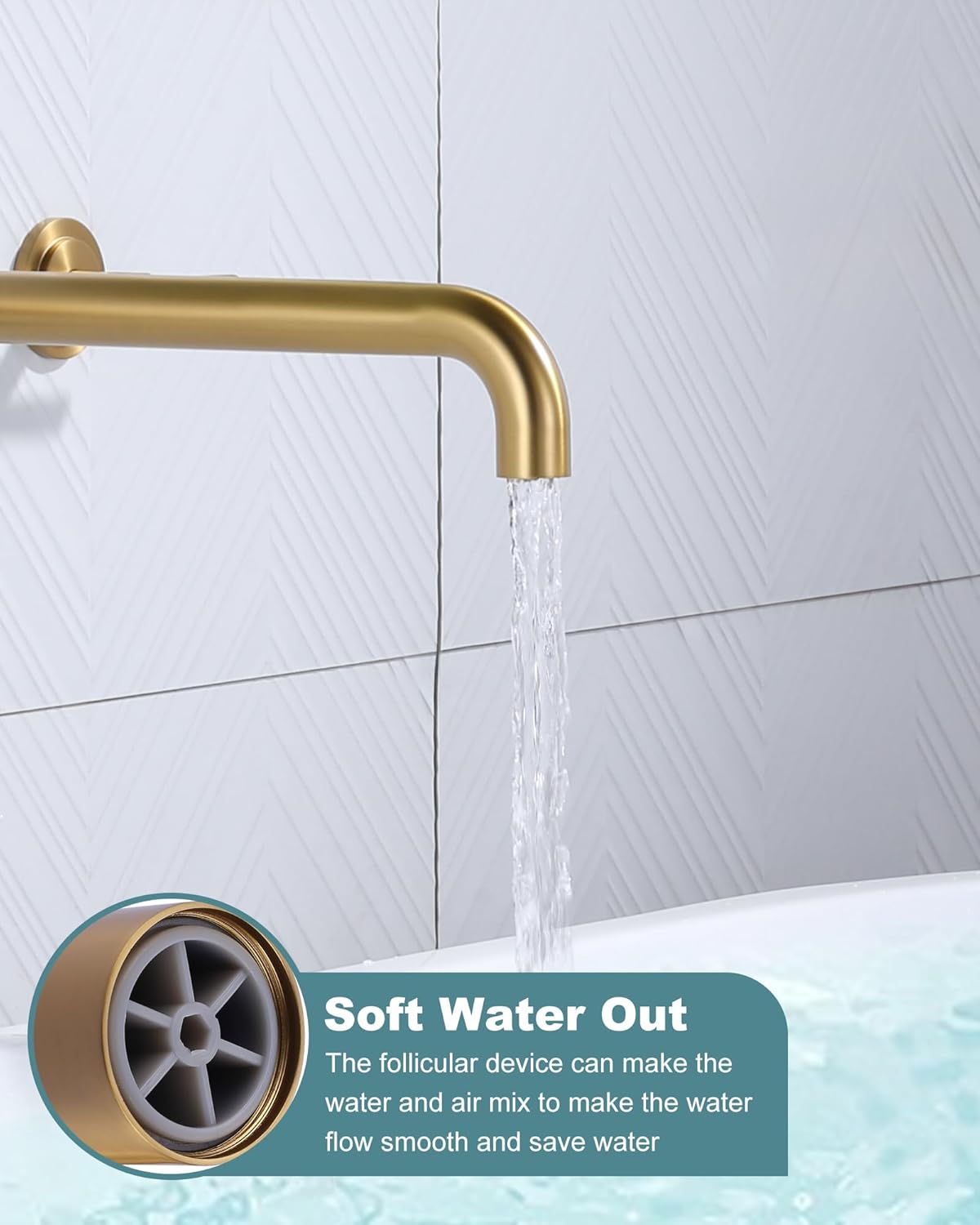 Wall Mount Tub Filler: Gold Tub Faucet High Flow Two Handles Solid Brass, Long Spout Reach with Brass Rough in Valve Included