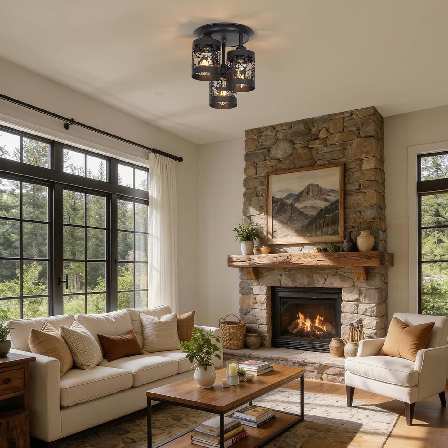 3-Light Rustic Farmhouse Semi Flush Mount Ceiling Light Fixture | Deer & Forest Design, Black Metal Shades, E26 Base